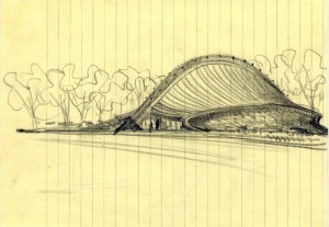 An original pencil sketch by Eero Saarinen ARC ’34 of David S. Ingalls Rink, more commonly known as the Whale, shows downturned tails.