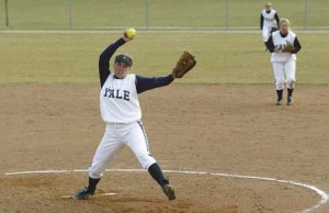 Bulldog pitcher Peggy Hunt ’06 launches a pitch from the mound during Yale’s first of two games against Manhattan College on Sunday at Dewitt Family Field. The Elis won both contests. The first game, played to nine innings, was a close contest in which the Elis triumphed 3-2. The second match-up was a decisive Yale victory, in which Manhattan was scoreless. The score was 9-0.