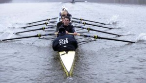 The first Varsity heavyweight crew boat, with captain Andrew Brennan ’04 in the stroke seat, rows during an early morning practice on the Housatonic River. The No. 10 Bulldogs raced past Penn and Columbia to pick up the Blackwell Cup this weekend. Yale’s second Varsity and freshman boats were also victorious.