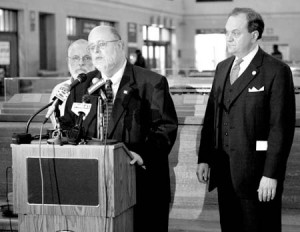 Connecticut Rail Commuter Council Vice Chairman Jim Cameron speaks at a press conference held at Union Station by New Haven Mayor John DeStefano Jr (right). City residents expressed their opposition to the proposed increase in train fares and raised complaints about service on the Metro-North rail at the gathering.