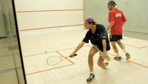 Moshe Sarfaty ’08 reaches for a backhand against Daniel Petrie Saturday at the Brady Squash Center. Sarfaty dropped the first game to Petrie but rebounded to come away with a 3-1 victory. The remaining Bulldogs also notched victories to sweep the Bears. With the win, the Elis remained undefeated in Ivy League play at 5-0.