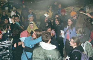 Students embrace after a sit-in for financial aid reform inside the admissions office. The 15 students participating received citations for trespassing by the Yale Police.