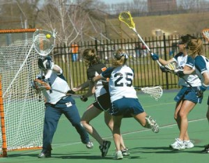 Ellen Cameron ’08 makes a stop during Yale’s 11-5 loss to Princeton April 9 at Johnson Field. Over the weekend, the Elis were in California where they took on Stanford and California in a pair of non-league games. They opened Friday with a 9-8 loss to the Cardinal before rolling through the Golden Bears, 14-4, on Sunday.