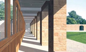 A simulation of the colonnade in the proposed Kroon building showcases its extensively “green” architecture. The building will house the School of Forestry & Environmental Studies.