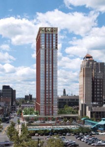 An artist’s rendering of developer Becker and Becker’s proposal for the Shartenberg site shows apartment buildings and the planned 32-story tower that would be the tallest building on the Elm City skyline.
