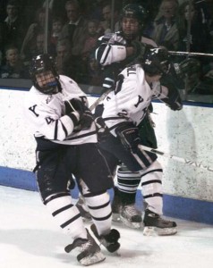 Forward Chris Cahill ’10 gives a Dartmouth player a taste of the boards at Ingalls Rink yesterday. Cahill had a banner weekend, scoring three goals in two games.
