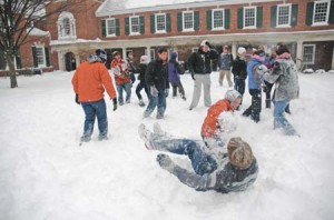 Students frolic in the snow in the Davenport courtyard. Unlike many other institutions, the University has not had a ‘snow day’ in over 25 years despite the often harsh winter conditions in New England.