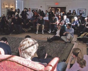 About 100 students protest the Iraq War in the Davenport College common room on Saturday in the kick-off celebration for the “Yale Opposes the War” coalition.