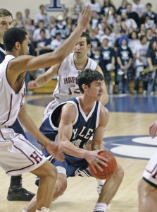 Reserve guard Alex Zampier ’10 looks for the outlet pass during the Elis’ 86-71 defeat of Harvard on Feb. 17. On Saturday, the Bulldogs fell to Columbia at Lee Amphitheater by a similarly unequal tally, 82-61.