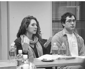 Former alderwoman Rebecca Livengood ’07 and student activist Noah Kazis ’09 meet at the Student Activism Summit in City Hall on Sunday. The day-long event drew about 30 students and featured speeches from several former and current Connecticut political figures.