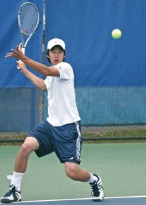 Captain Brandon Wai ’07 readies to unload a forehand against Manhattan last April. Although most of his teammates fell in a slew of tight matches, Wai rolled to victories in both No. 1 singles and doubles this weekend.