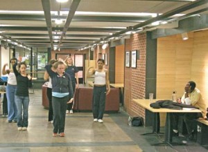 Student dance group Danceworks practices in the common room of Berkeley College. Groups like Danceworks are rising up in protest against the lack of practice space.