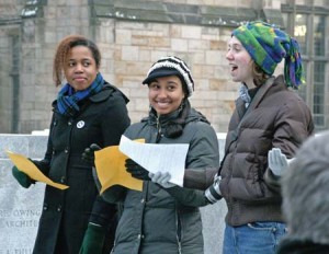 At Beinecke Plaza on Wednesday, students protest alleged anti-union activities by Yale-New Haven Hospital administrators and President Richard Levin’s silence on the issue.