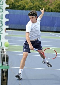 Men’s tennis player Rory Green ’07 unloads a backhand during a match against Manhattan on April 1, 2006. The Elis only managed a single win on their California swing but are loaded for the start of the Ivy season next week.