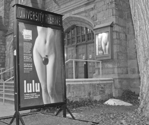 Both the New York Times and the New Haven Register refused to run an ad for the Yale Repertory Theatre’s production “Lulu” that featured this image, displayed here on a poster in front of the University Theatre.