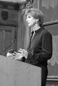 Amy Ly/Staff Photographer
Former EPA head Christine Todd Whitman speaks about the dangers of political extremism at the Yale Political Union Tuesday.