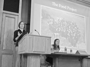 Rebecca Nemec and Jennifer McTiernan, of The Food Project in Massachusetts and CitySeed, respectively, speak Thursday about the importance of sustainable and locally grown food.