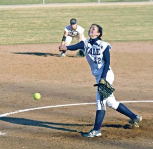 Pitcher Holly Gutterud ’10 hurls a ball toward home last Wednesday. Gutterud came on in relief of starter Rebecca Wojciak ’09 in two games last weekend.