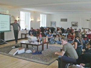Students pack the Davenport Common Room at the kickoff meeting of student group Yale for Obama, which drew a crowd of about 60.
