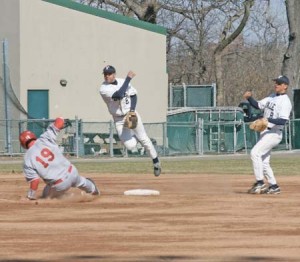 Yale shortstop Dan Soltman ’08 goes airborne while attempting to turn two during last Tuesday’s doubleheader split against Sacred Heart. The Elis could only muster a single run in a pair of losses to Harvard in Boston on Saturday.