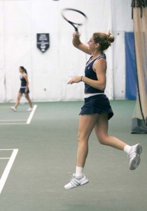 Sarah Lederhandler ’10 slams home a forehand during her match against Columbia’s Nina Suda last Saturday. Lederhandler took the game in straight sets and the Bulldogs went on to down the Lions, 6-1.