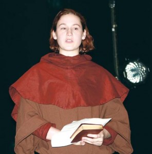Sarah Holdren ‘08, speaking Thursday before the opening of ‘Red Noses,’ protested new restrictions on using weapons in campus plays.