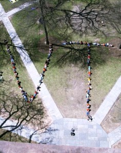 Over sixty Elis show their support for the victims of the Virginia Tech shootings in a formation on Old Campus on Friday.