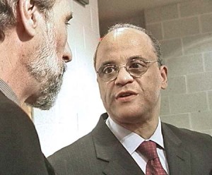 Outgoing University Chaplain Frederick Streets, right, converses with Dean John Loge at the Slifka Center on Sunday during a celebration of Streets’ tenure.