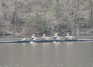 Members of a women’s four boat compete against Brown and Tennessee on Saturday morning. The varsity eight boat captured the Nat and Anne Case Cup.