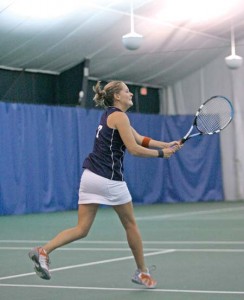 2006-’07 captain Olivia Nix ’07 takes a cut against Penn in one of the last Yale matches played at Cullman-Heyman Tennis Center before renovations began.