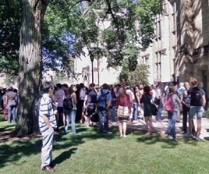 Students congregate outside of William L. Harkness Hall during a fire scare. The smoke in WLH was caused by a defective elevator motor.