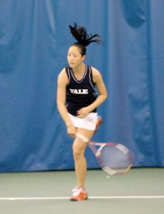 Janet Kim ’09 takes a cut at a home match in the spring. With a gritty performance in Philadelphia, she took first place at the Cissie Leary Tournament this weekend.