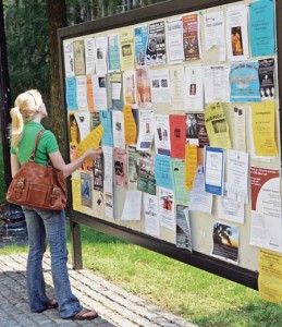 This Cross Campus bulletin board is one of several locations designated by administrators as acceptable venues for posting flyers. Regulations governing poster placement are now being enforced.
