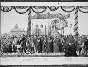An illustration of Pope Gregory XVI’s procession in St. Peter’s Square for the feast of Corpus Christi is featured within a new Beinecke exhibition.