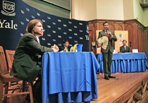 Students from Tsinghua University in Beijing debated Yale students as part of the International Varsity Debate in SSS 114 Tuesday night.
