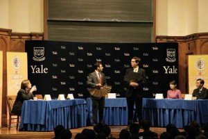 Members of the Yale Debate team face off against a team from China in an Oct. 2 debate. Based on a tape of this debate, three university judges selected the Yale team to represent the United States in a Chinese-language debate in Beijing next month.
