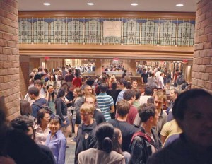 Students crowd into the newly renovated Bass Library, which opened tonight to great celebration and fanfare. Cries such as “Books, books, books!” and “We love books!” echoed throughout.