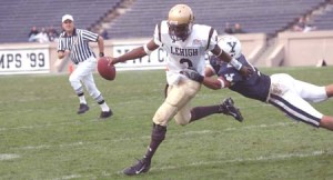 Paul Rice ’10 chases down speedy Lehigh quarterback Sedale Threatt during the Bulldogs’ 23-7 victory last Saturday.