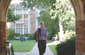 A graduate student strolls through the Hall of Graduate Studies, where administrators are rolling out an online academic integrity quiz.