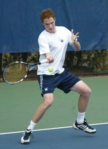 Michael Caldwell ’09, who lost in the second round this weekend, plays against Manhattan College last spring.
