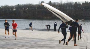 Yale rowers ease into the Housatonic River in April 2006. The women’s crew won the Princeton Chase this weekend.