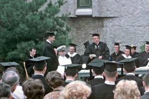 Ezra Stiles Master Richard Sewall hands Carter V. Findley ’63 his diploma. 1963 was the first year Morsels and Stilesians graduated from the University.