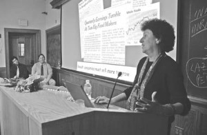 Marion Nestle, an NYU professor and the author of “What to Eat,” speaks about the food industry at a YSFP-sponsored event on Thursday.