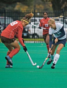 Forward Ashley McCauley ’10 carries the ball upfield Saturday against Brown. McCauley and the Bulldogs fell to the previously 0-16 Bears at home.