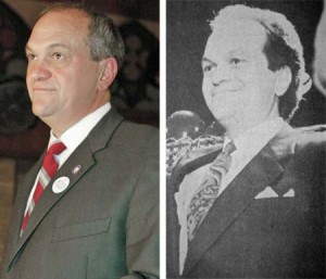 Mayor John DeStefano Jr. celebrates after his first mayoral win in 1993, right, and his latest last night. In both elections, the long-time mayor cruised to victories with overwhelming margins.