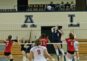 Outside hitter Kali Nelson ’08 goes up for a spike against Cornell during a 3-1 Ivy League win on Oct. 19th.