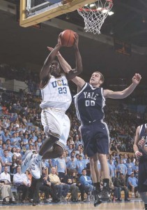 UCLA forward Luc Richard Mbah a Moute drives past Ross Morin ’09 during the Bruins’ 81-47 victory. UCLA’s athletic forwards and speedy guards overwhelmed the Elis.