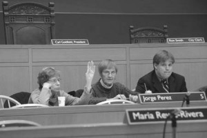 From left, Frances “Bitsie” Clark, Elizabeth McCormack and Roland Lemar attend the Board of Alderman meeting Monday.