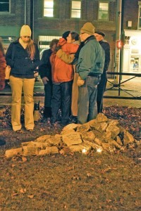 The dedication of “Memorial to an Endless War” drew locals yesterday. Each stone represents a month passed since the Iraq war’s beginning.