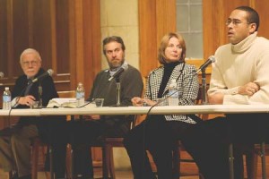 History professors, from left, Jon Butler, Ben Kiernan, Glenda Gilmore and Jonathan Holloway speak on a panel titled “History of Hate” on Tuesday evening at Sudler Hall.